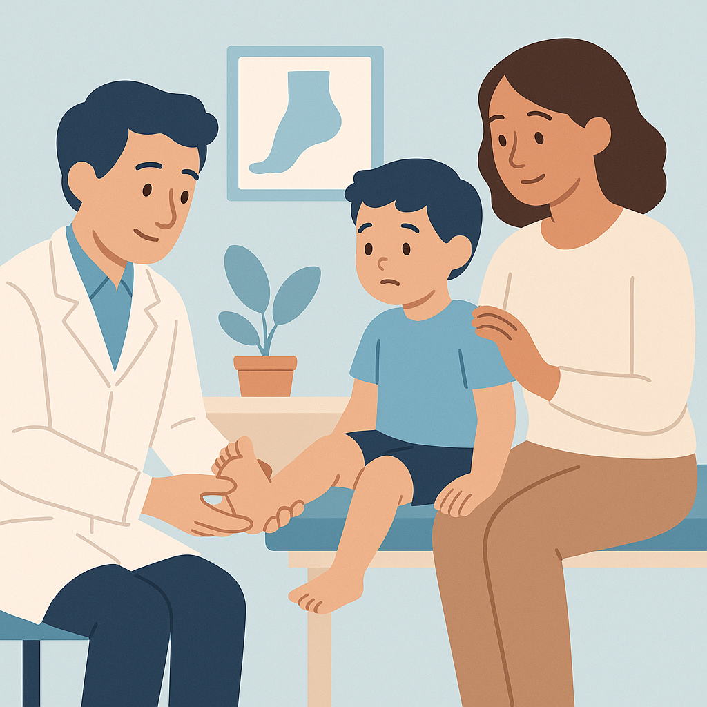 Podiatrist comforting child with heel pain