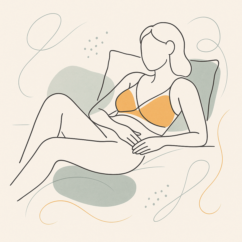 A woman rests comfortably at home following breast reduction surgery.