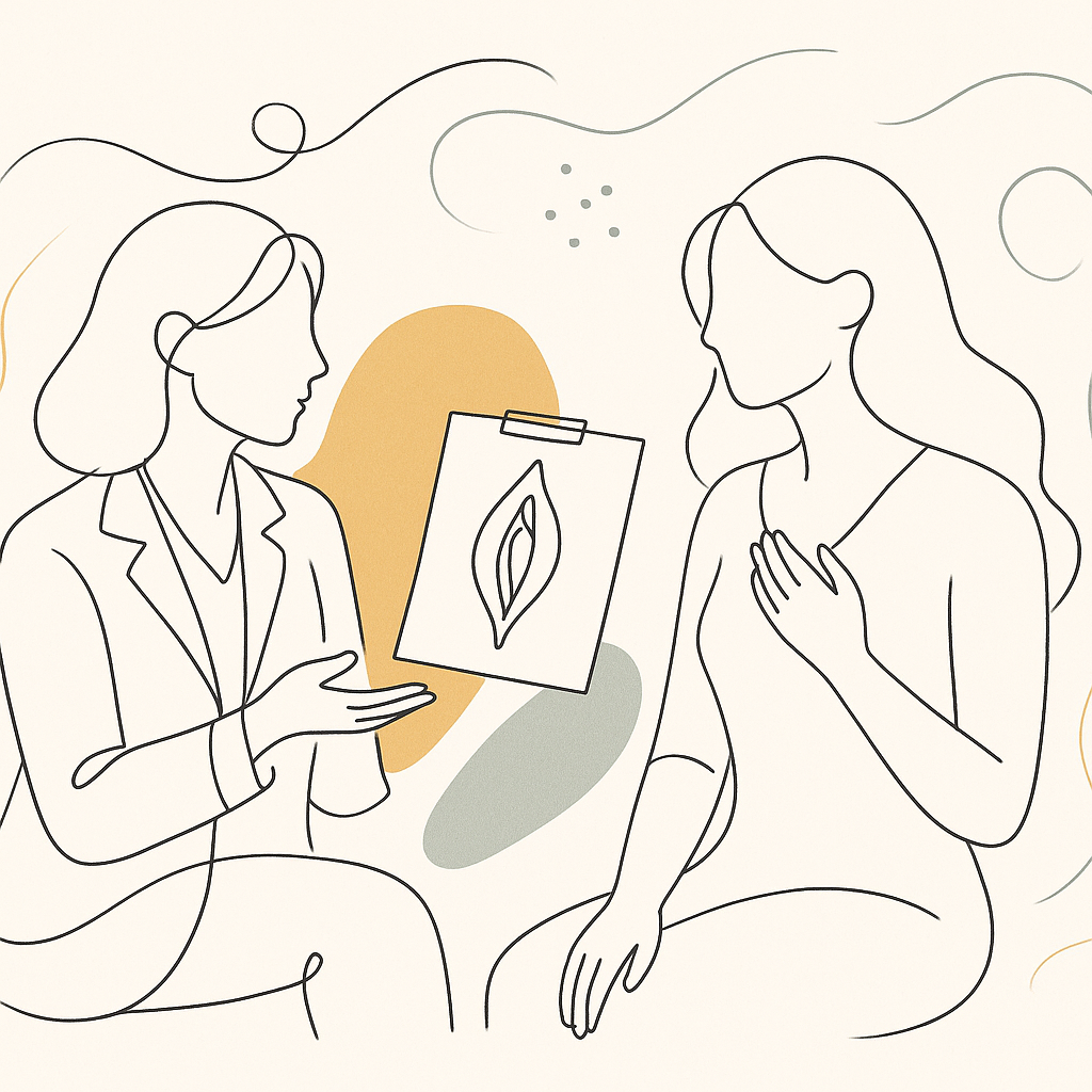A doctor discusses labiaplasty with a patient in a medical consultation room.
